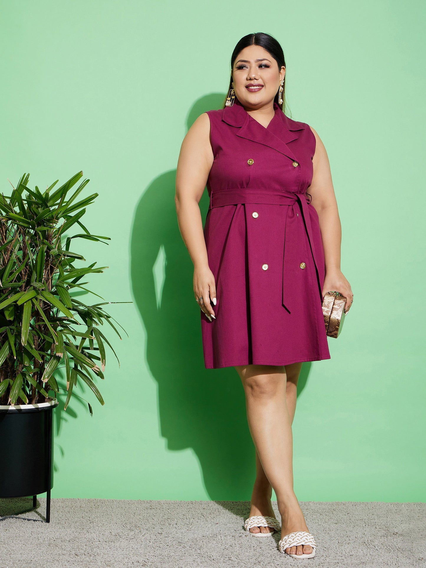 Women's Burgundy Twill Front Button Dress