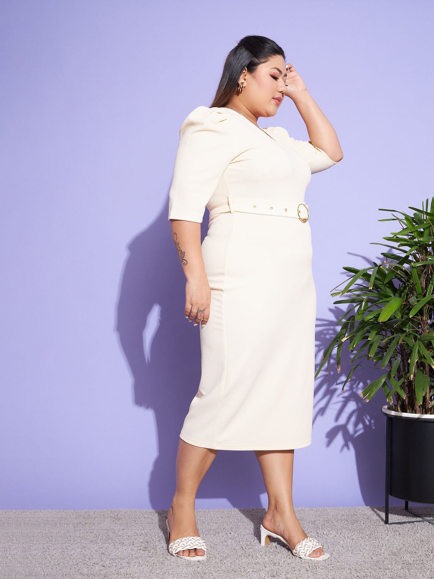 Women's Off White Belted Bodycon Dress