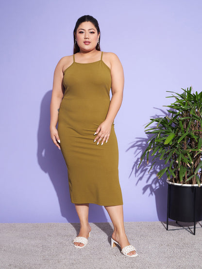 Women's Olive Solid Strappy Dress With Shrug