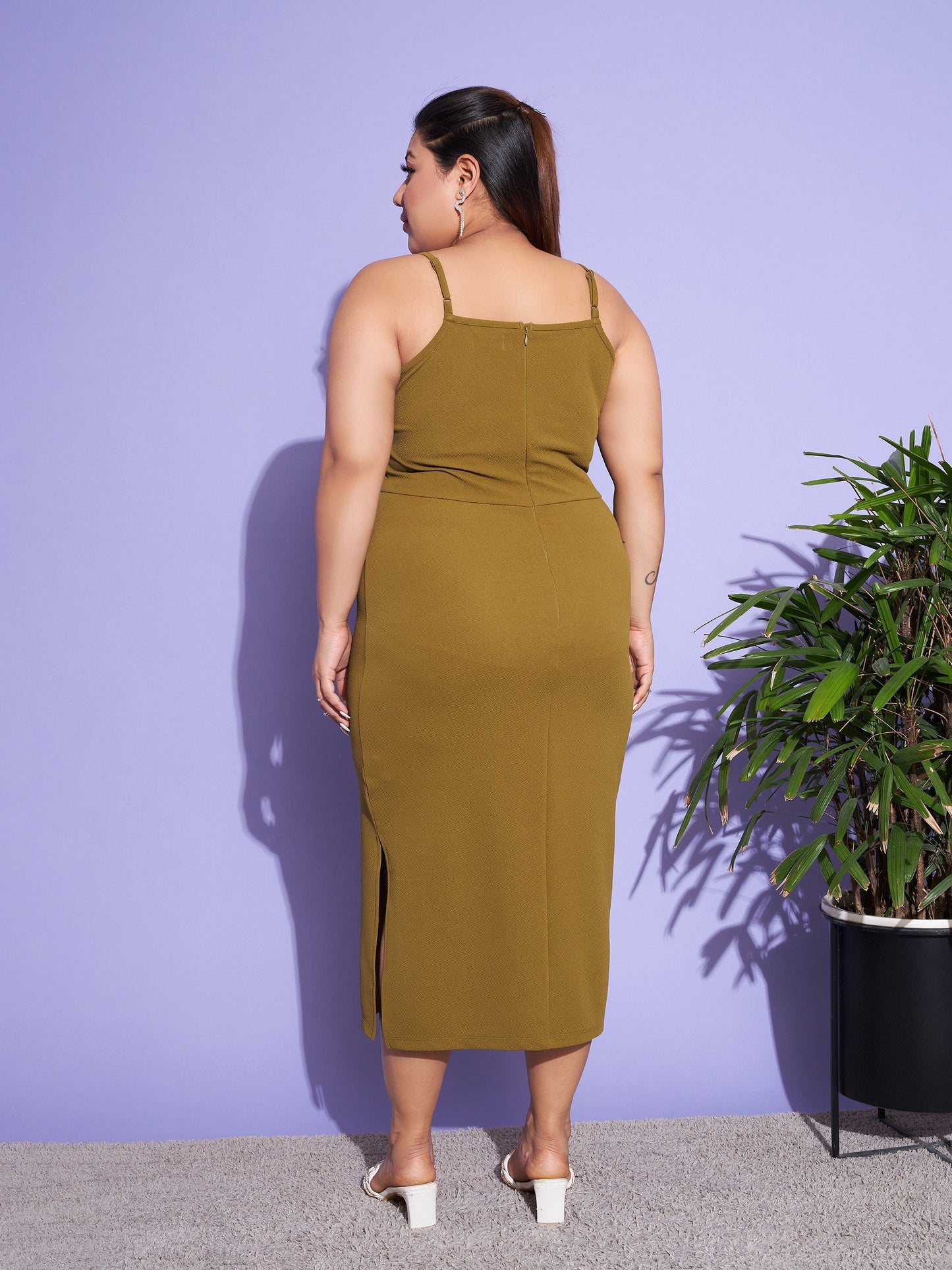Women's Olive Solid Strappy Dress With Shrug