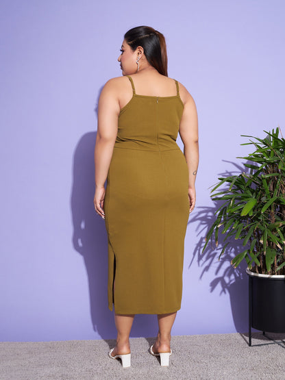 Women's Olive Solid Strappy Dress With Shrug