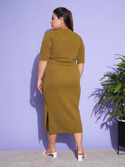 Women's Olive Solid Strappy Dress With Shrug