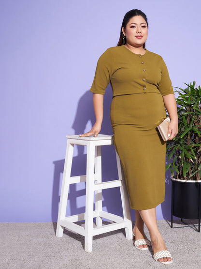 Women's Olive Solid Strappy Dress With Shrug
