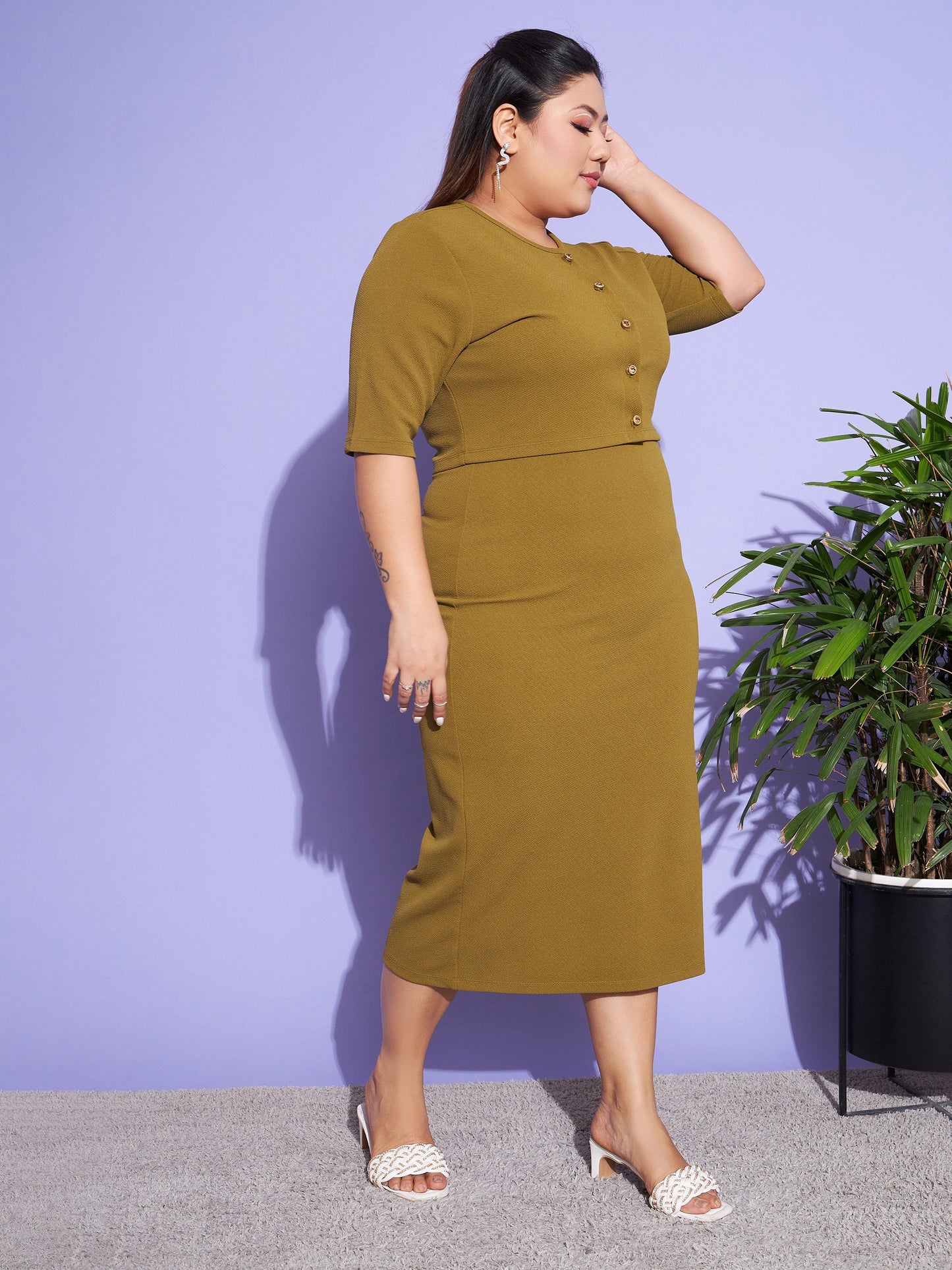 Women's Olive Solid Strappy Dress With Shrug