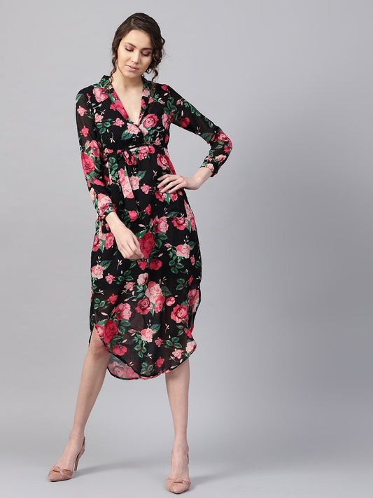 Women's Black Floral Belted Maxi Dress