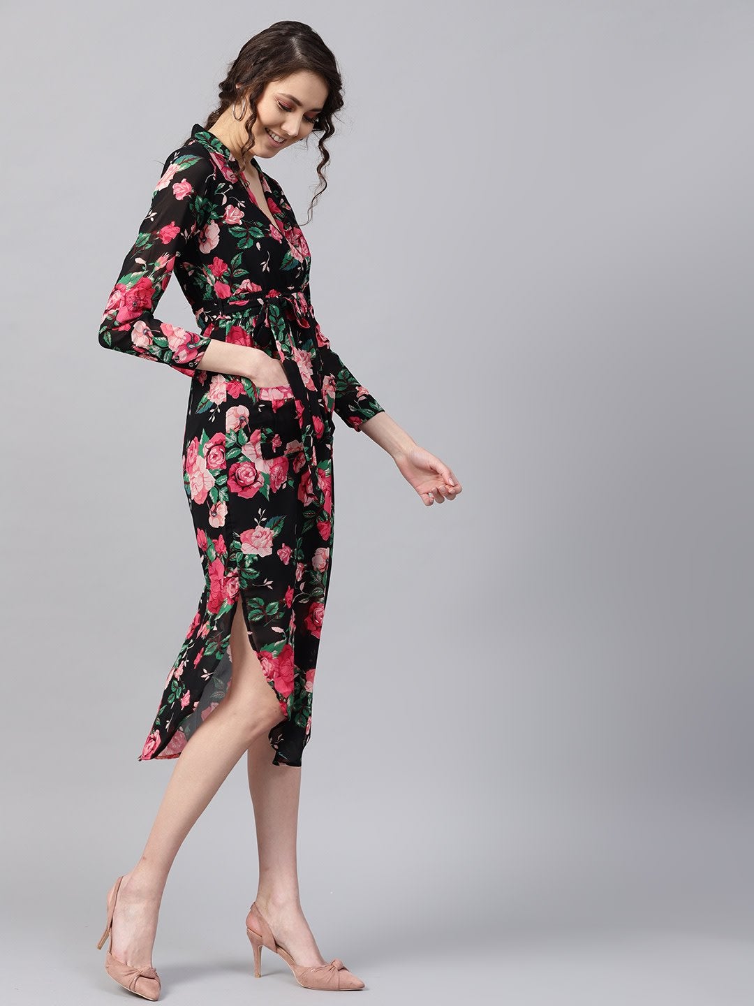 Women's Black Floral Belted Maxi Dress