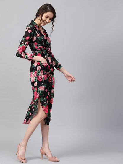 Women's Black Floral Belted Maxi Dress