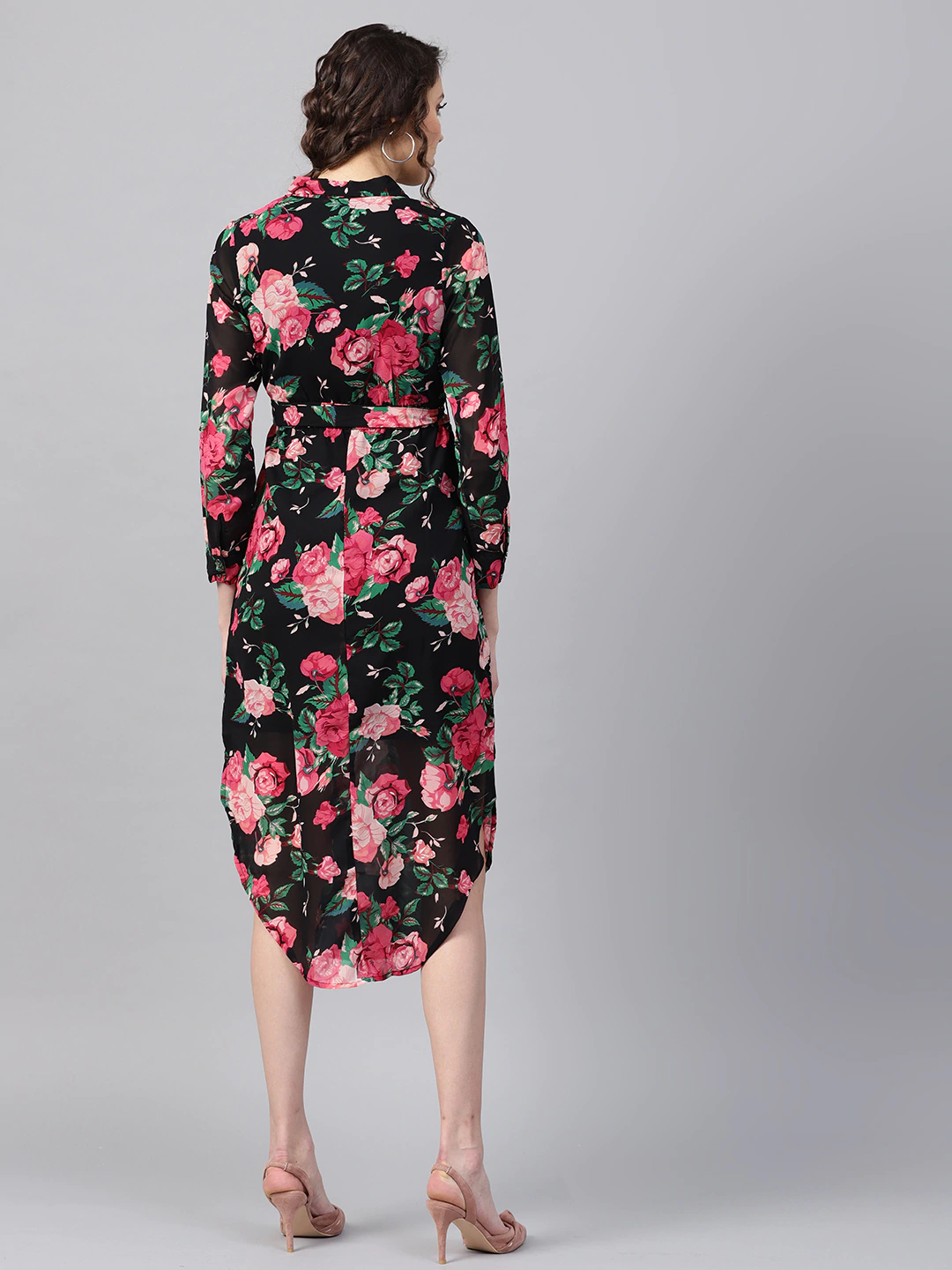 Women's Black Floral Belted Maxi Dress