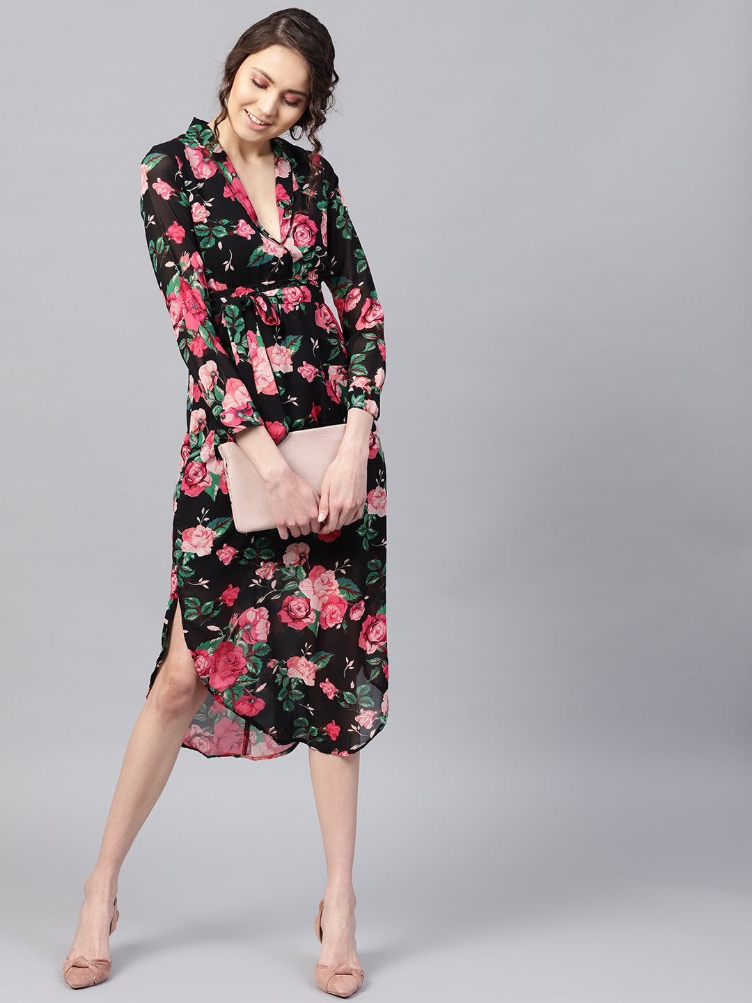 Women's Black Floral Belted Maxi Dress