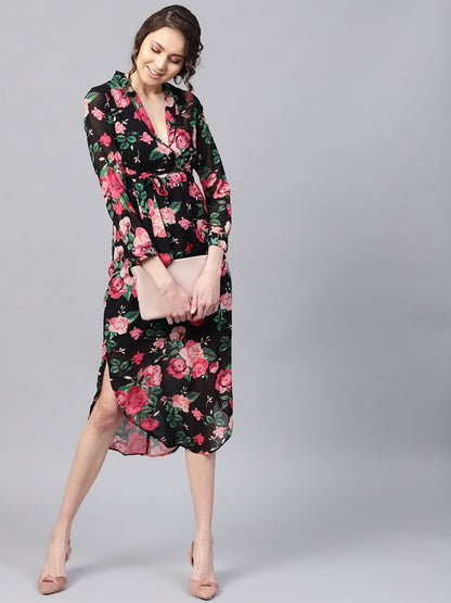 Women's Black Floral Belted Maxi Dress