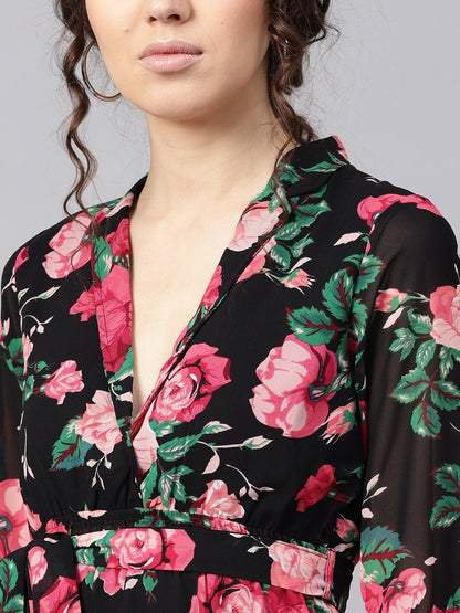 Women's Black Floral Belted Maxi Dress