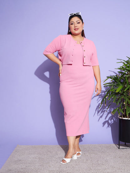 Women's Pink Solid Strappy Dress With Shrug