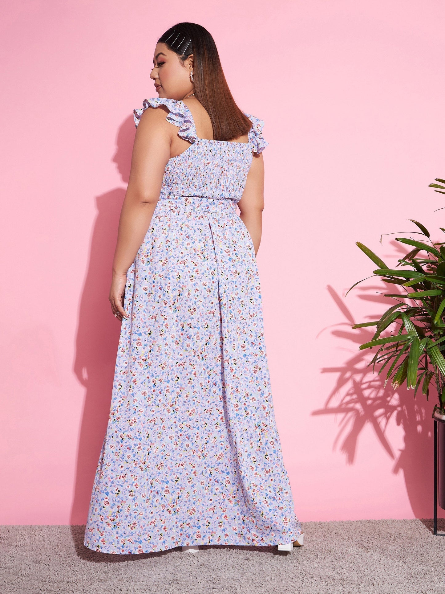 Women's Blue Floral Front Slit Belted Maxi Dress