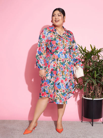 Women's Multi Floral Self Fabric Belted Shirt Dress