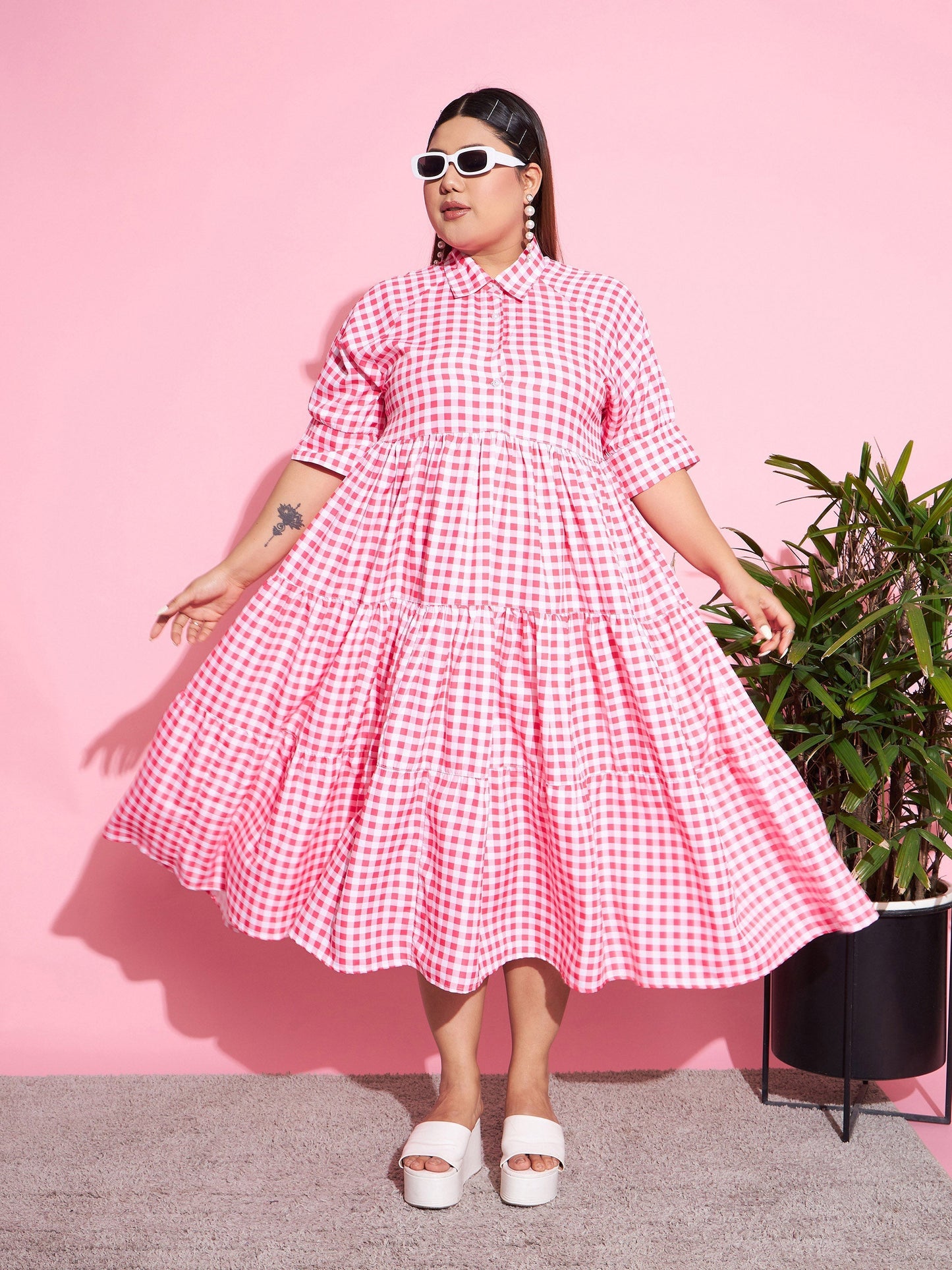 Women's Neon Pink Check Midi Dress