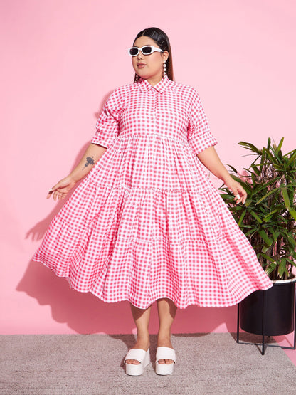 Women's Neon Pink Check Midi Dress