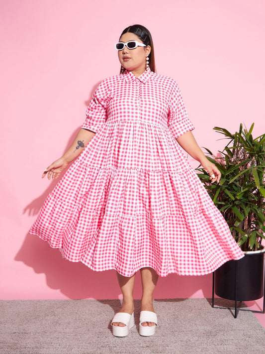 Women's Neon Pink Check Midi Dress
