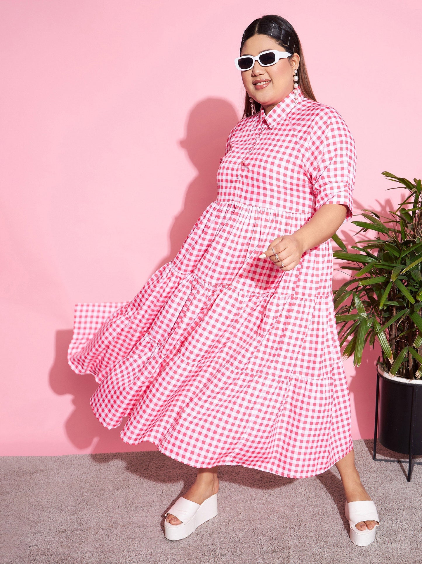 Women's Neon Pink Check Midi Dress