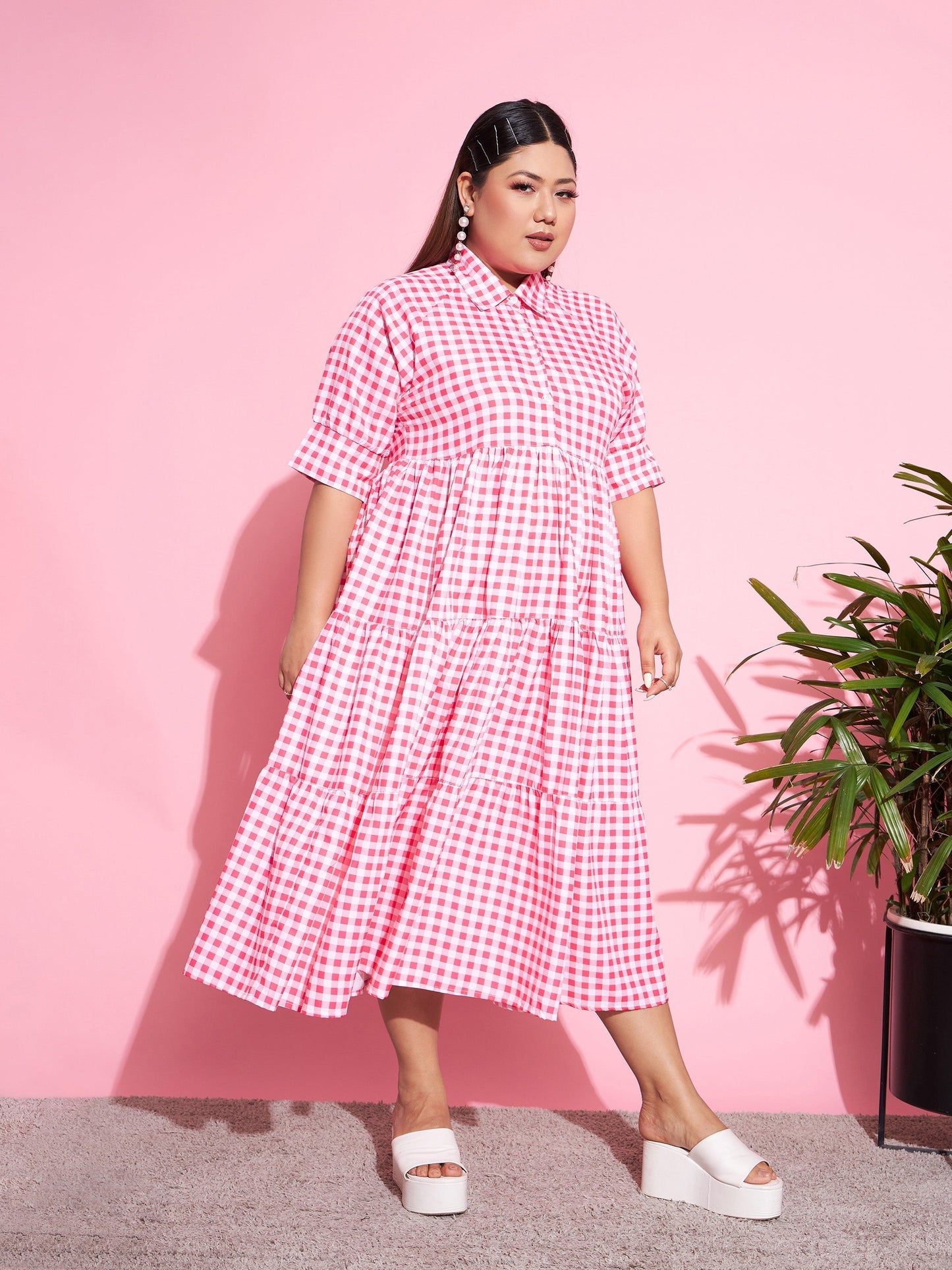 Women's Neon Pink Check Midi Dress