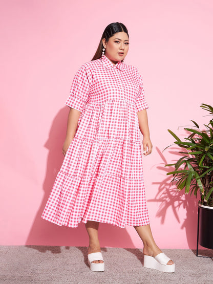 Women's Neon Pink Check Midi Dress