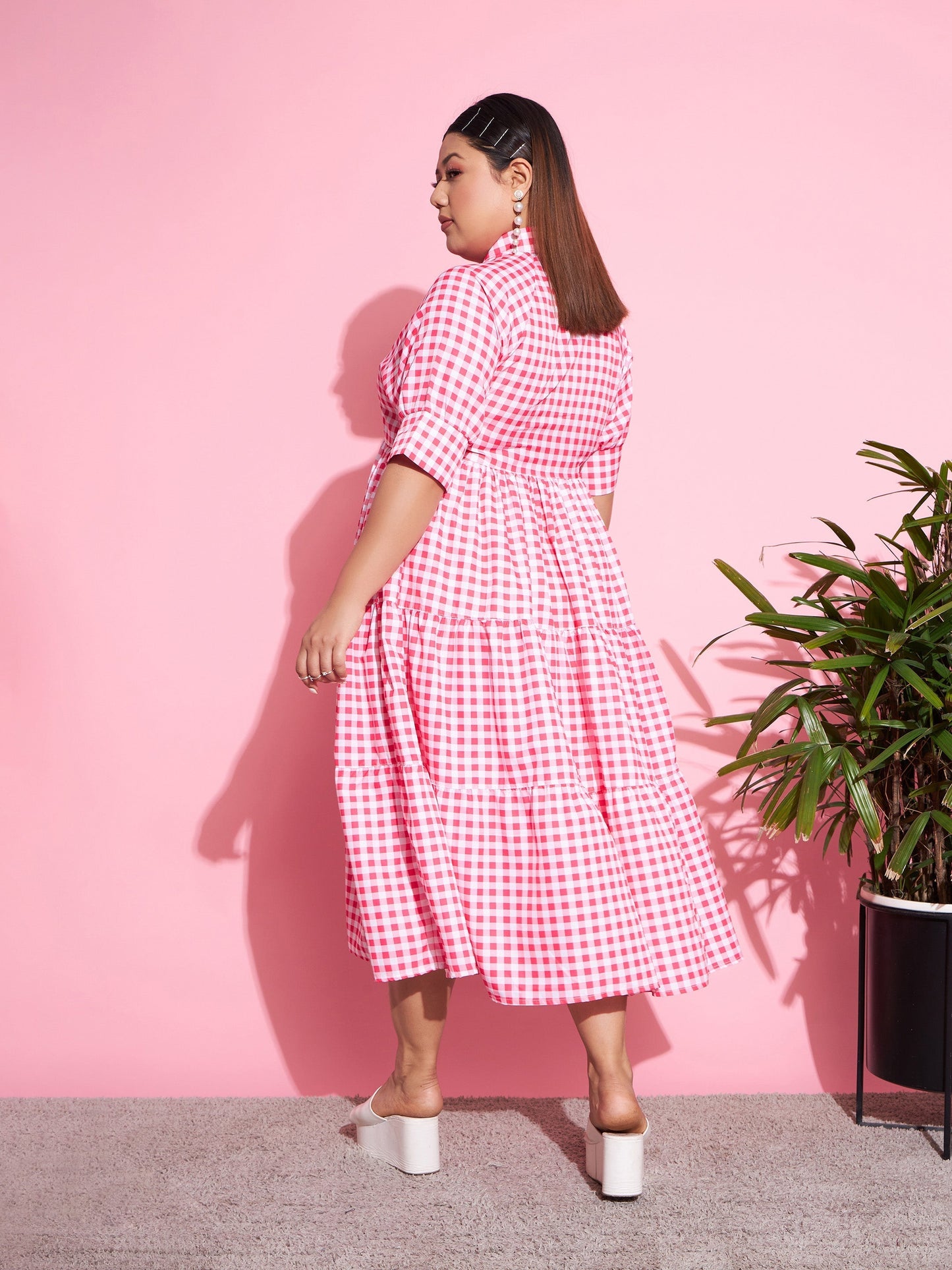 Women's Neon Pink Check Midi Dress