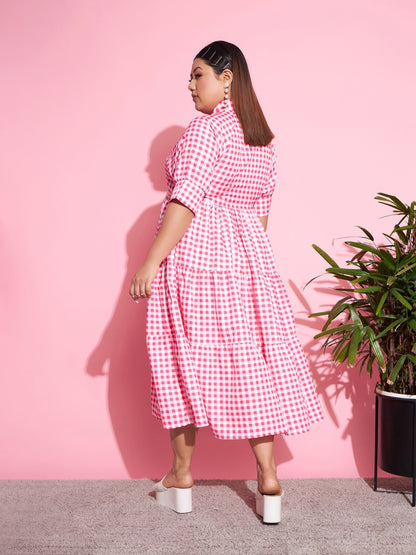 Women's Neon Pink Check Midi Dress