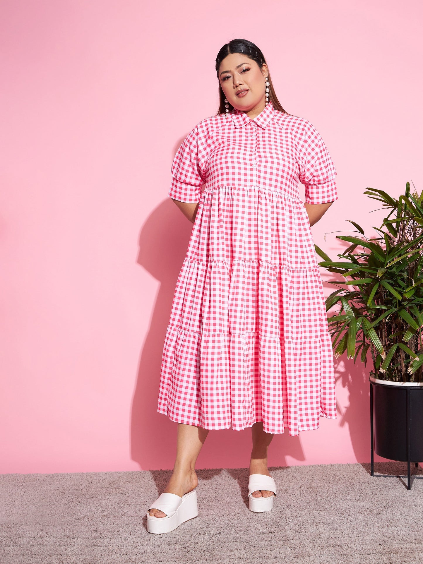 Women's Neon Pink Check Midi Dress