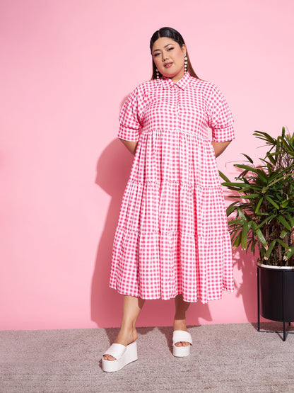 Women's Neon Pink Check Midi Dress