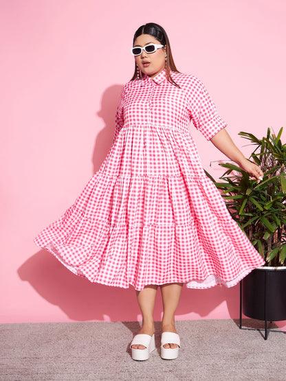 Women's Neon Pink Check Midi Dress