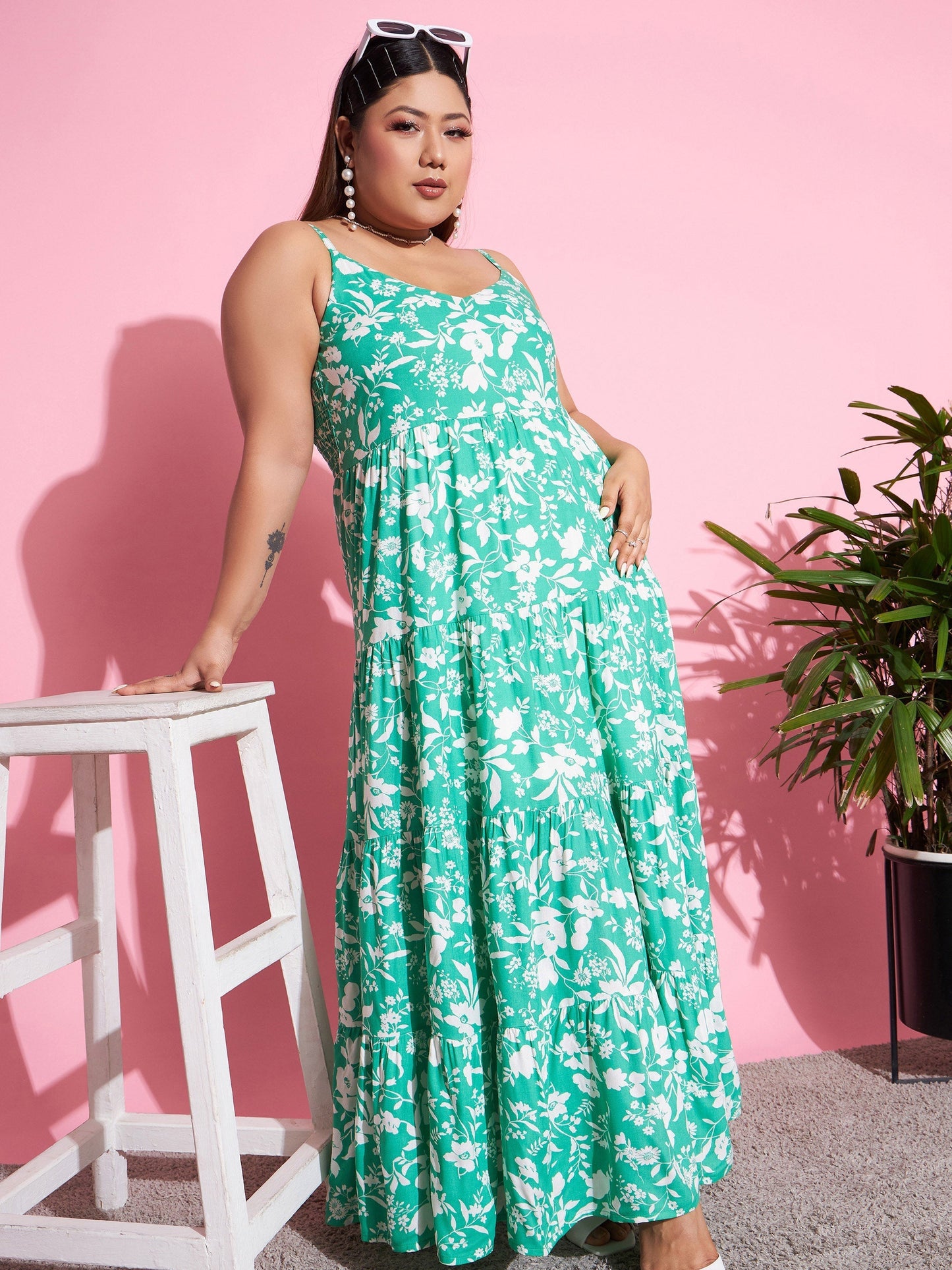 Women's Green & White Floral Rayon Tiered Maxi Dress