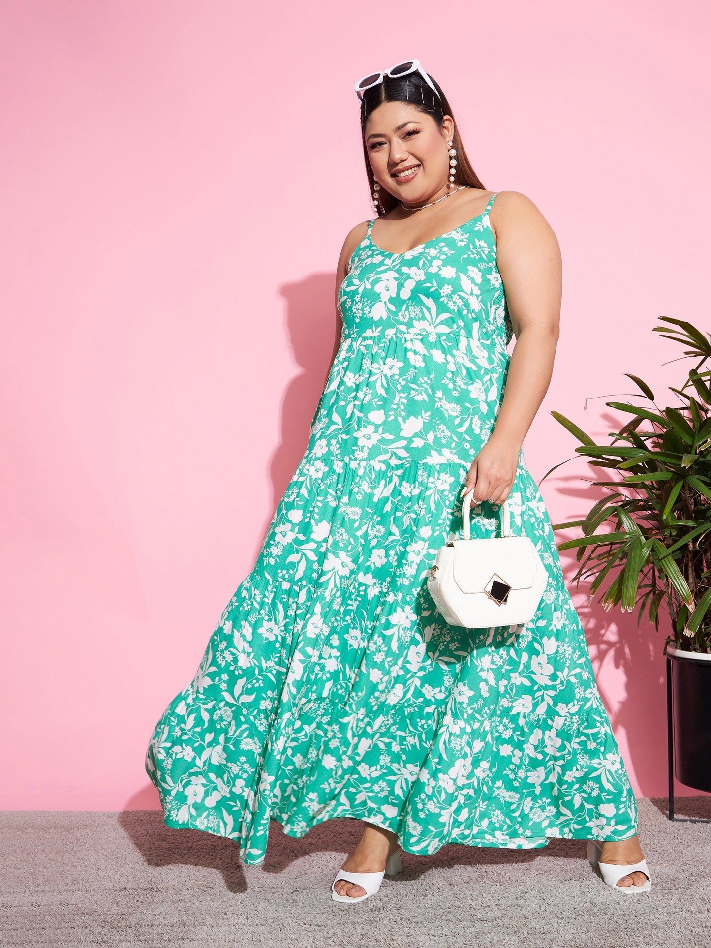 Women's Green & White Floral Rayon Tiered Maxi Dress