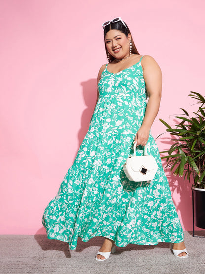Women's Green & White Floral Rayon Tiered Maxi Dress
