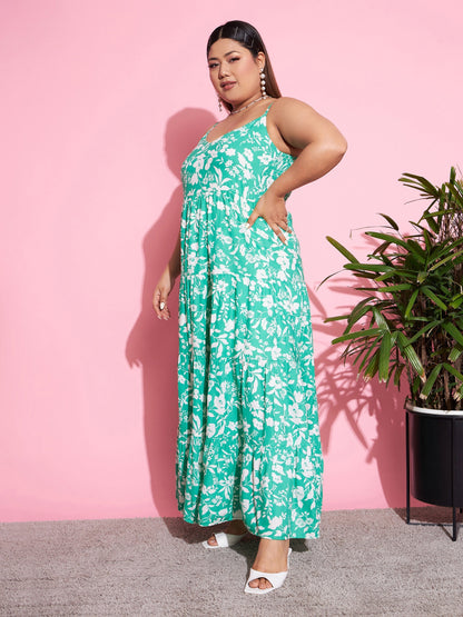 Women's Green & White Floral Rayon Tiered Maxi Dress