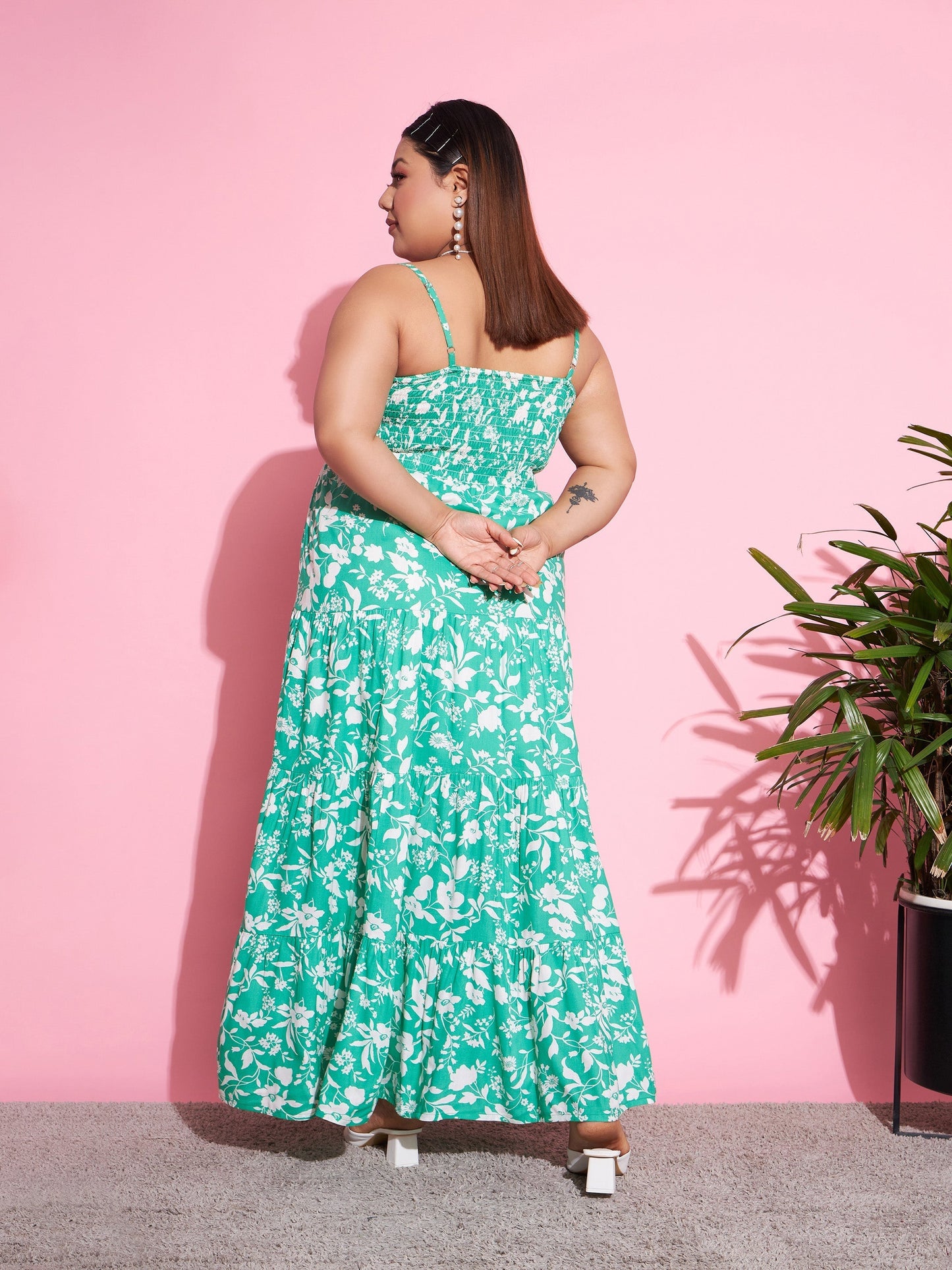 Women's Green & White Floral Rayon Tiered Maxi Dress