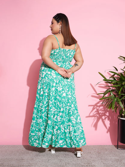 Women's Green & White Floral Rayon Tiered Maxi Dress