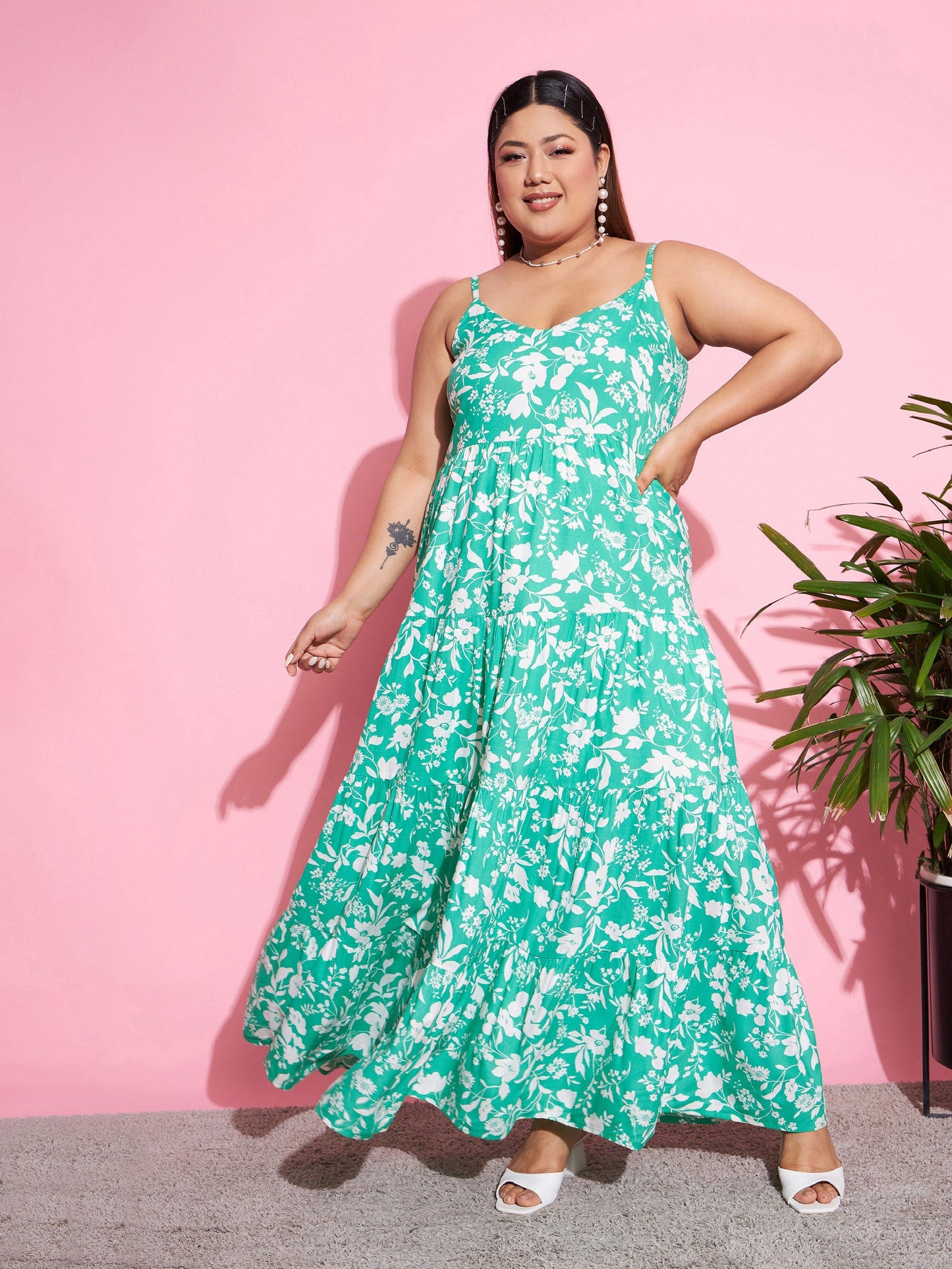 Women's Green & White Floral Rayon Tiered Maxi Dress