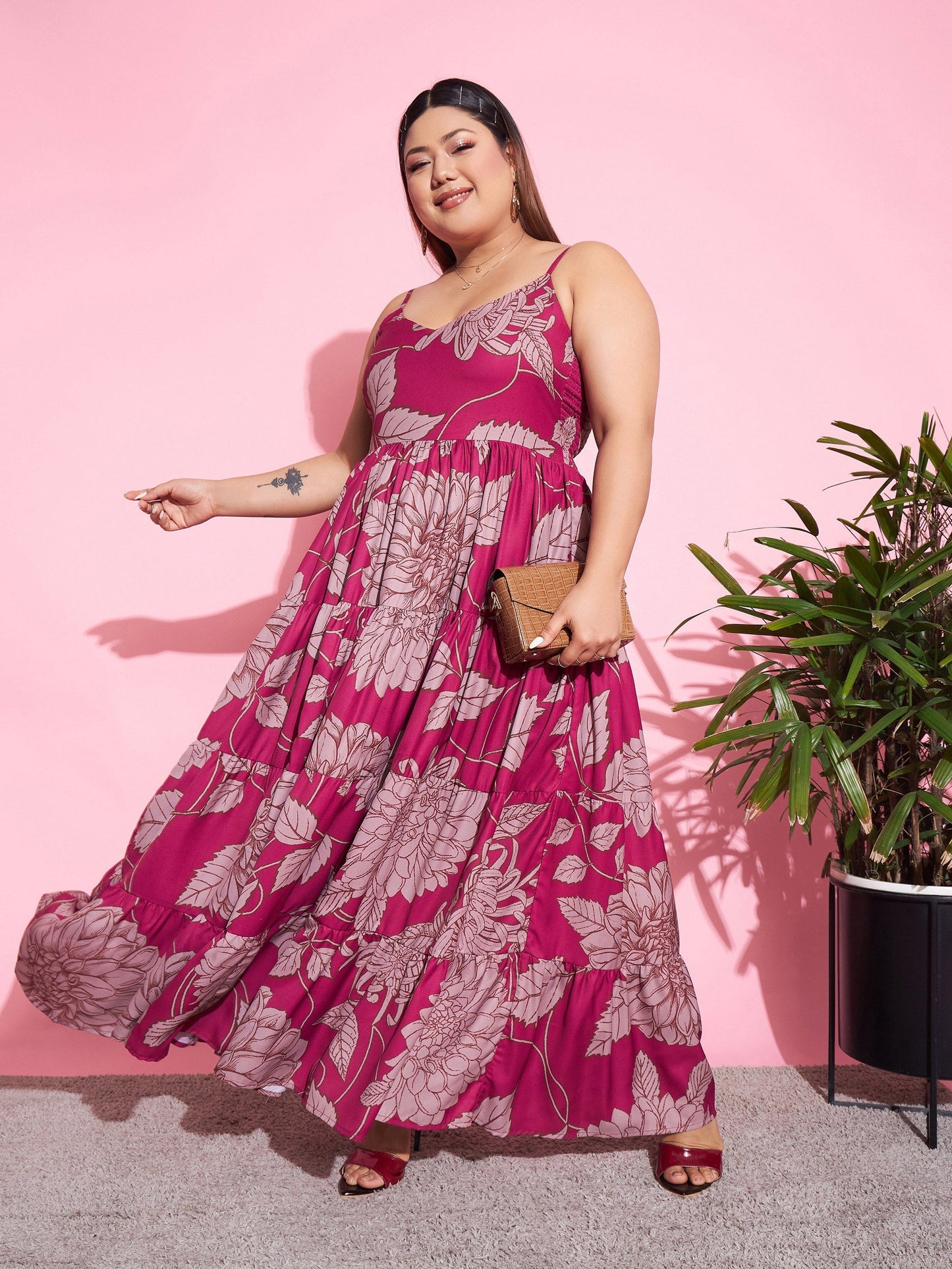 Women's Magenta Floral Tiered Maxi Dress