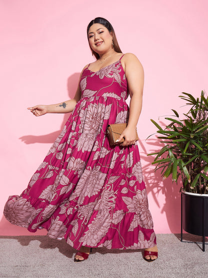 Women's Magenta Floral Tiered Maxi Dress