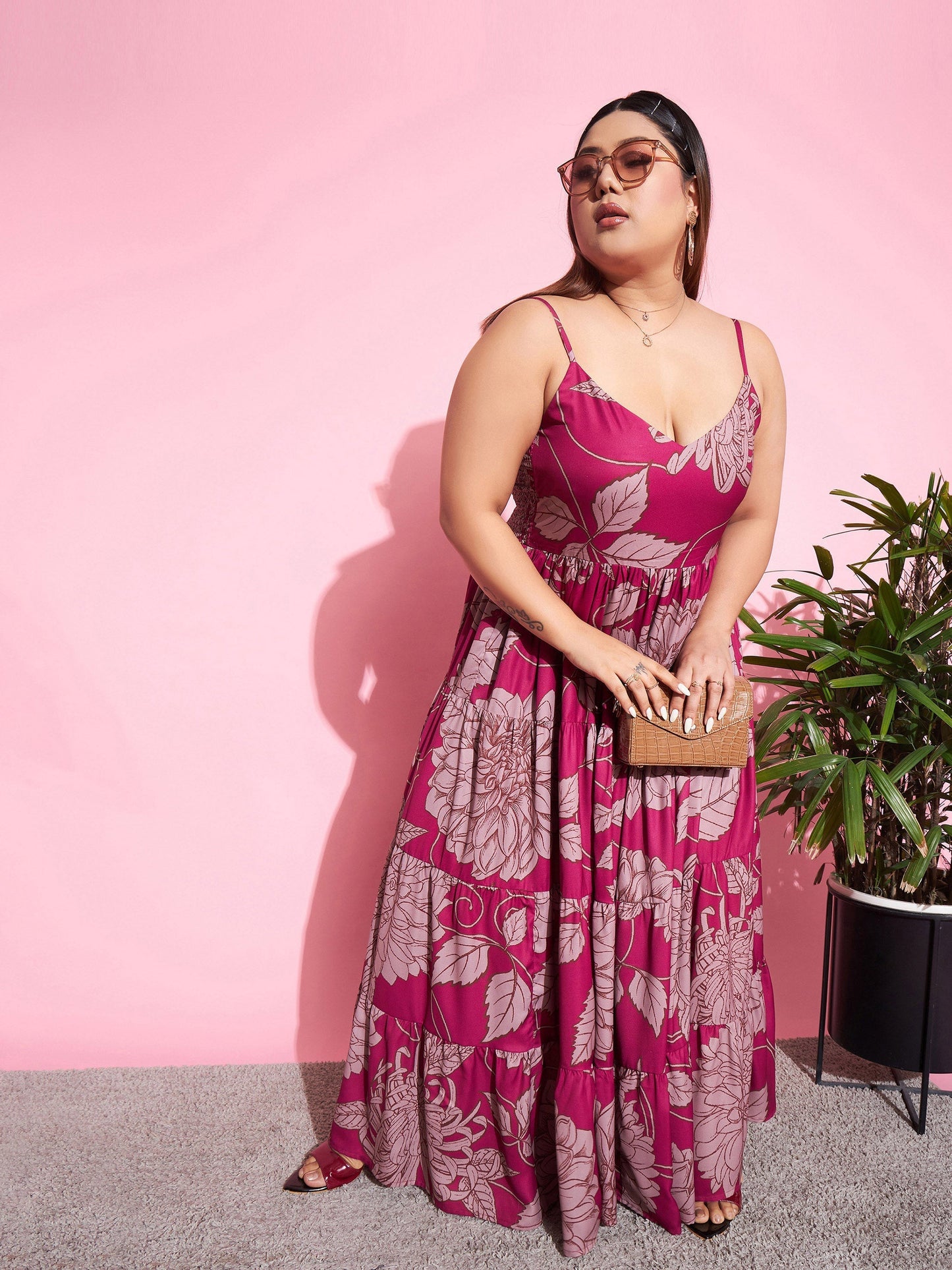 Women's Magenta Floral Tiered Maxi Dress