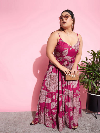 Women's Magenta Floral Tiered Maxi Dress