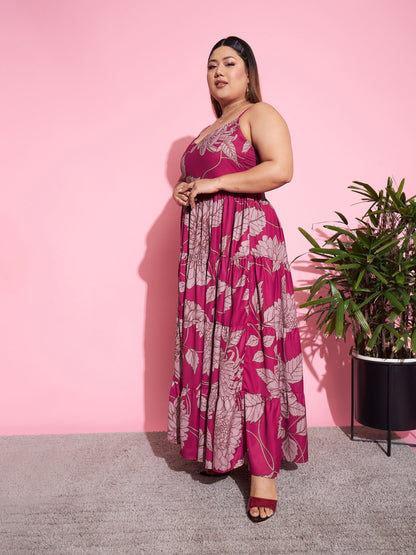 Women's Magenta Floral Tiered Maxi Dress