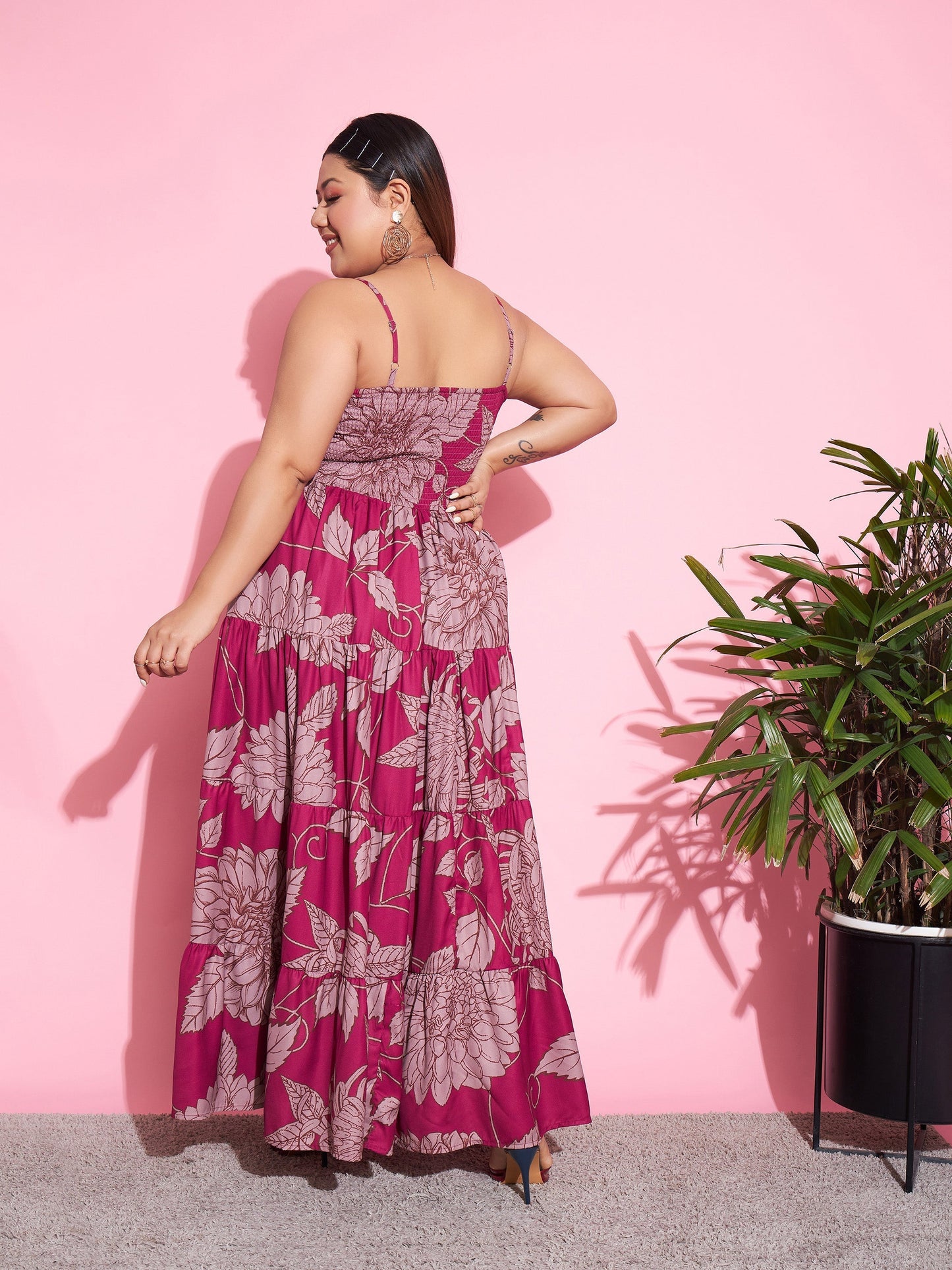 Women's Magenta Floral Tiered Maxi Dress