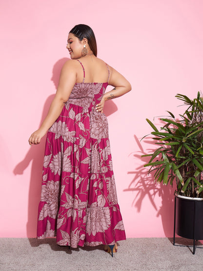 Women's Magenta Floral Tiered Maxi Dress