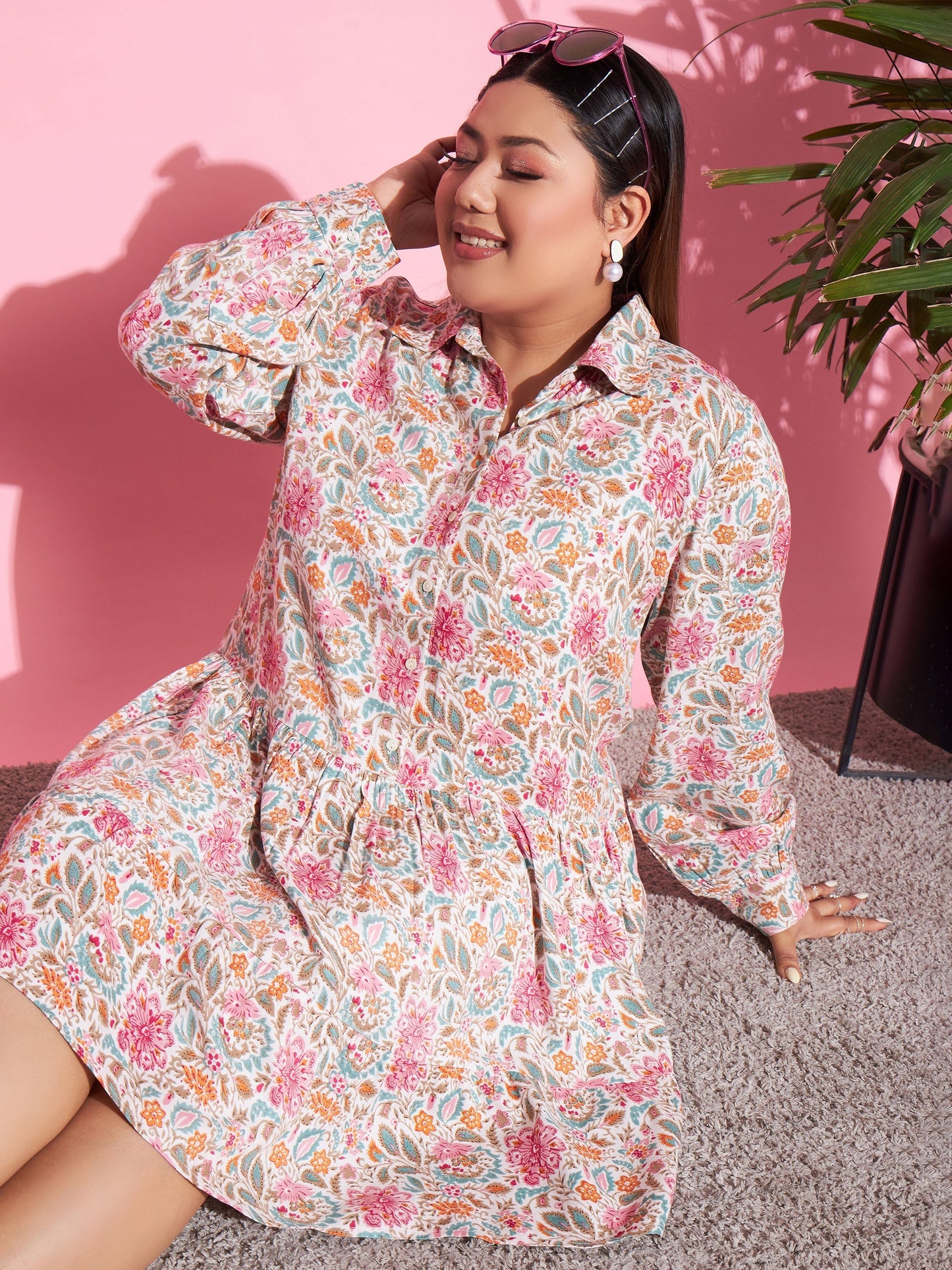 Women's White Rayon Floral Frill Hem Dress