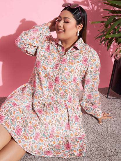 Women's White Rayon Floral Frill Hem Dress