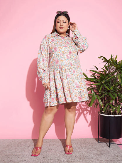 Women's White Rayon Floral Frill Hem Dress