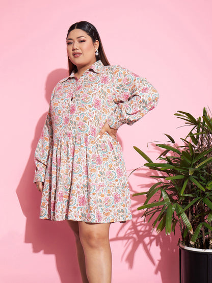 Women's White Rayon Floral Frill Hem Dress