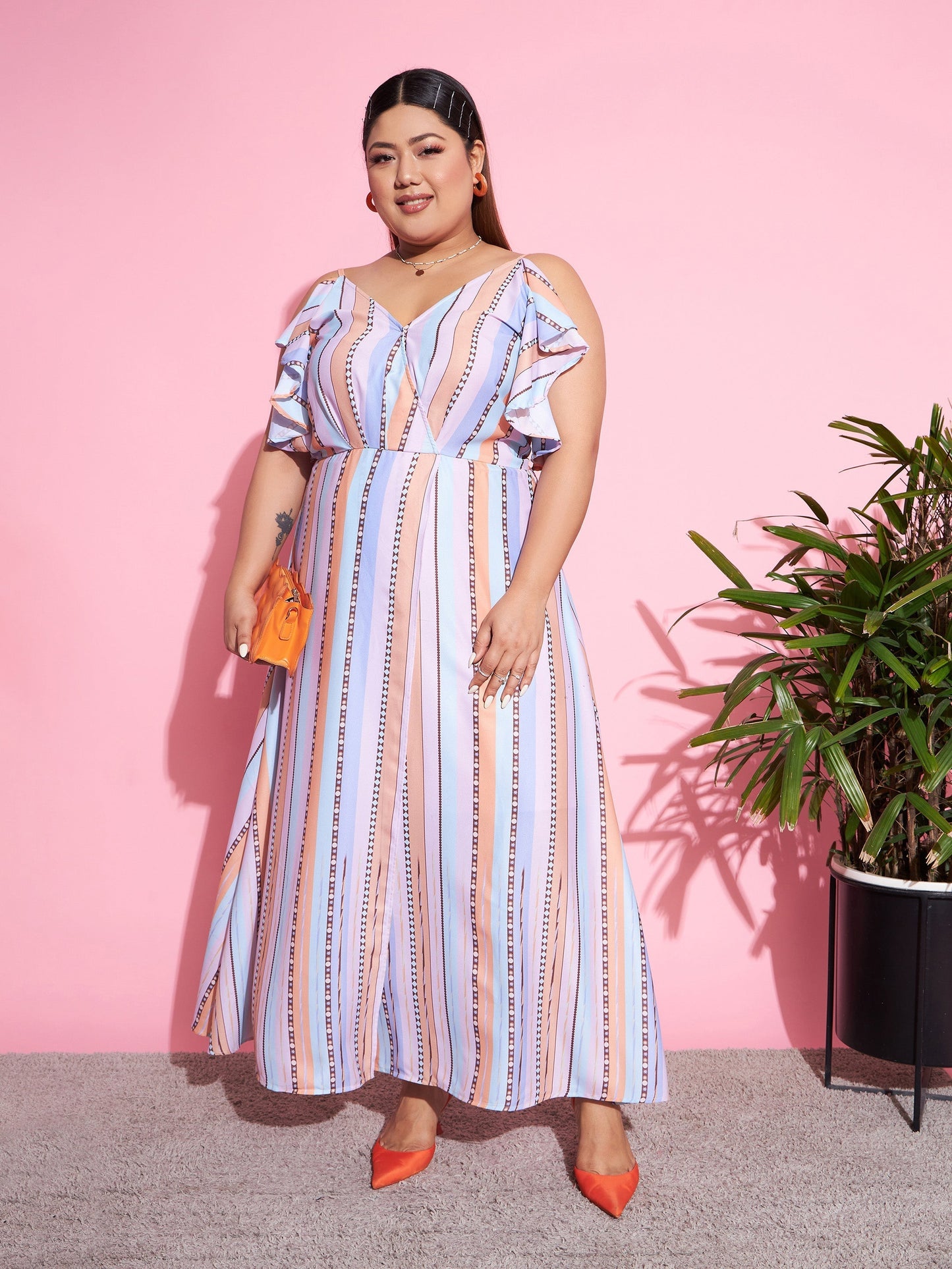 Women's Multi Stripes Front Slit Maxi Dress
