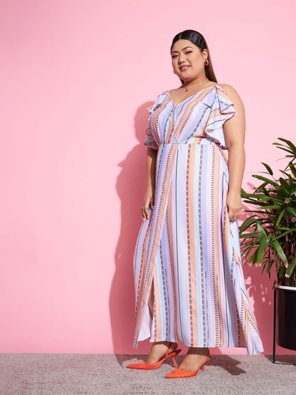 Women's Multi Stripes Front Slit Maxi Dress