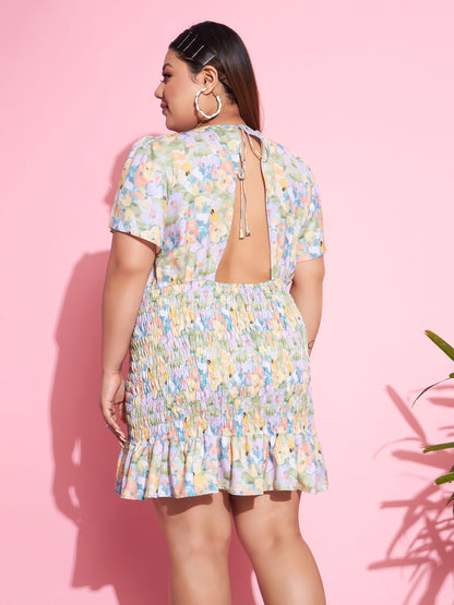 Women's Green Floral Smocked Short Dress